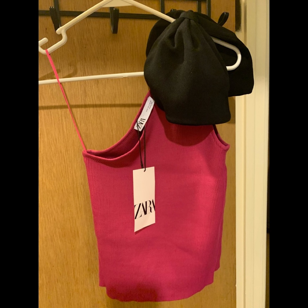 Zara Tops | Nwt Zara Asymmetric Top with Bow | Color: Black/Pink | Size: S